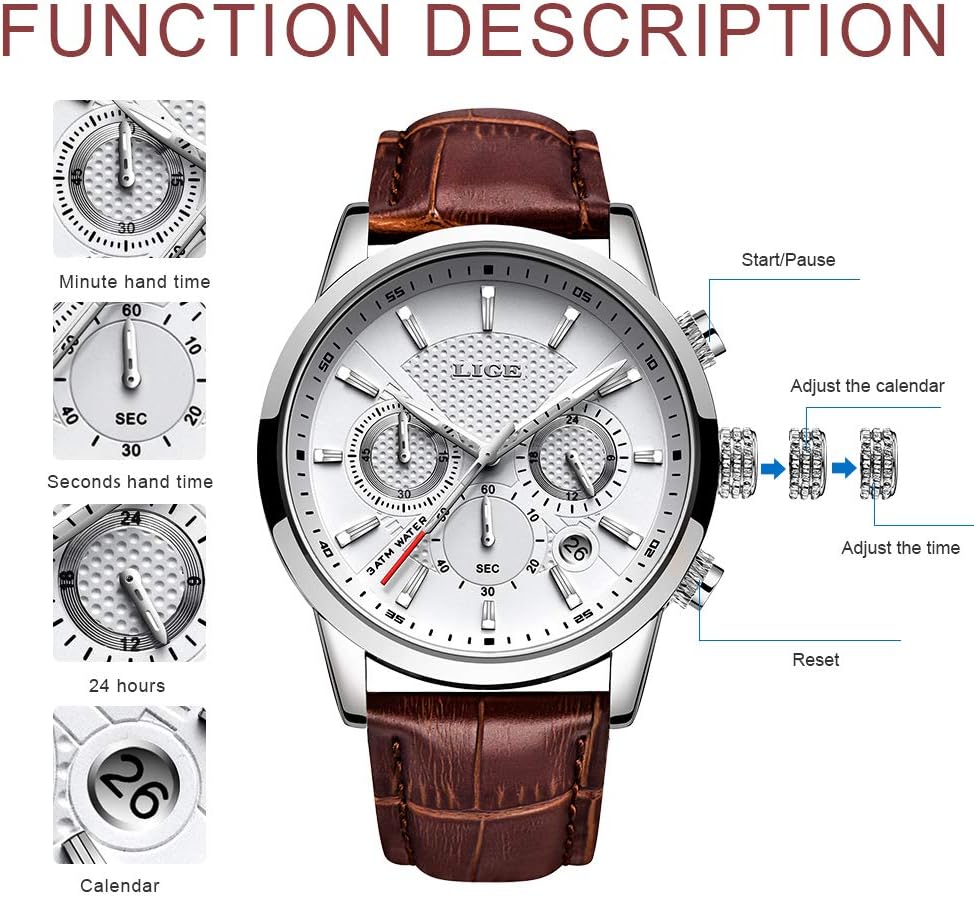 Men's LIGE Chronograph Leather Waterproof Watch