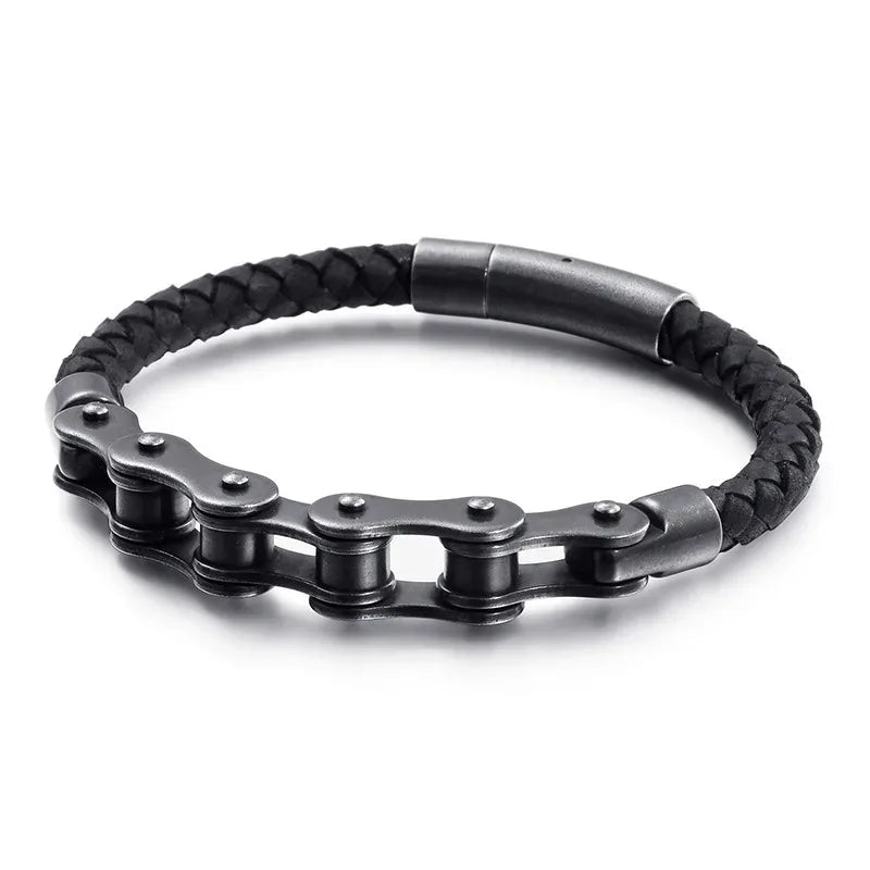 Men's Black Leather Bike Chain Bracelet